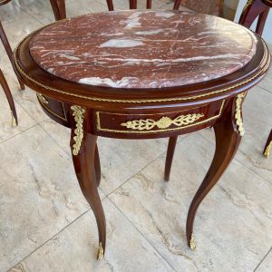 French Louis XV Mahogany End Tables | Gilt Bronze, Marble Top Pair