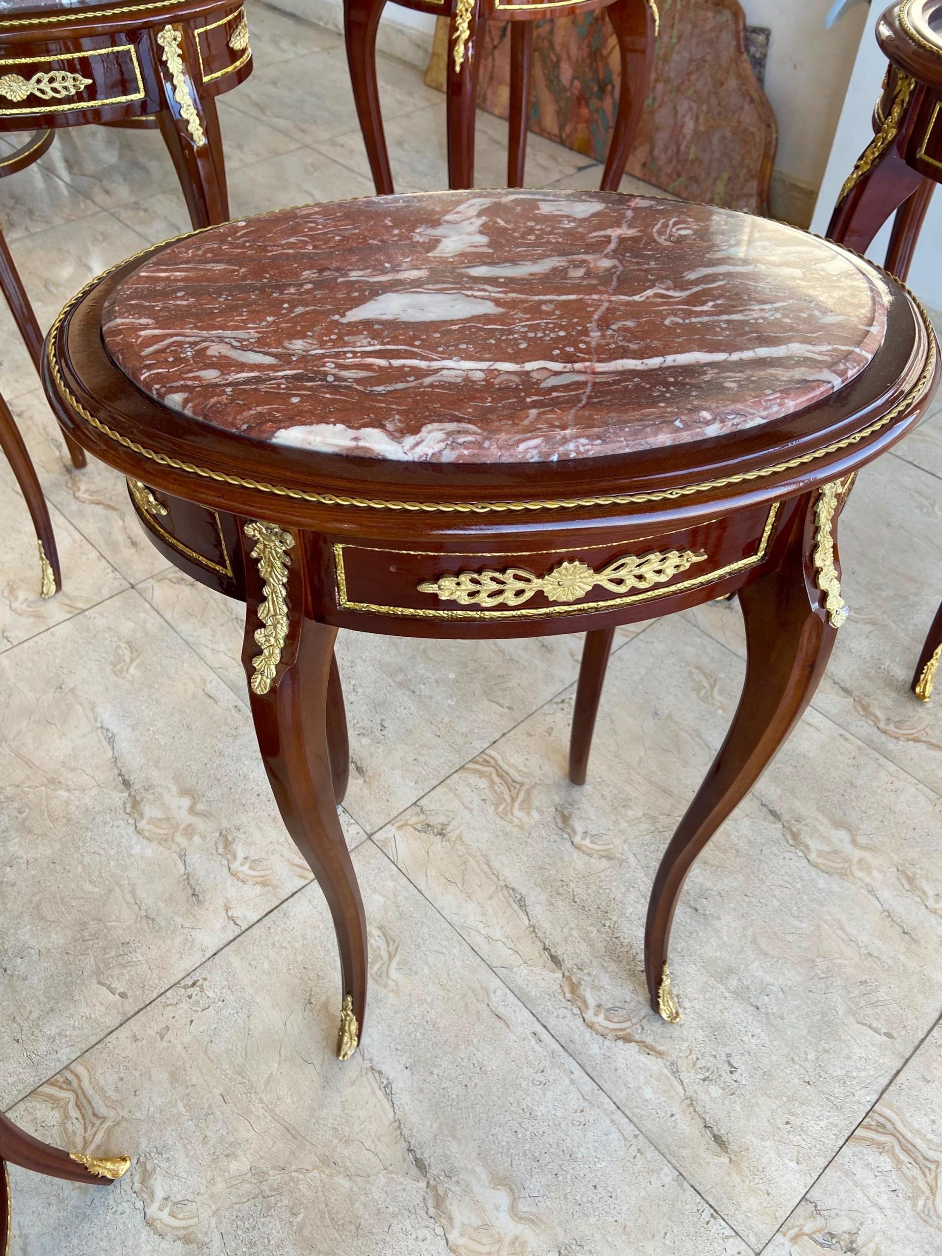 French Louis XV Mahogany End Tables | Gilt Bronze, Marble Top Pair