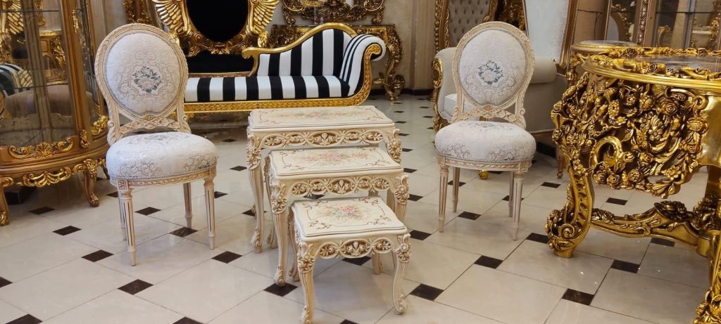 Louis XVI Nesting Tables with Chairs | Hand-Painted Floral Solid Wood Set