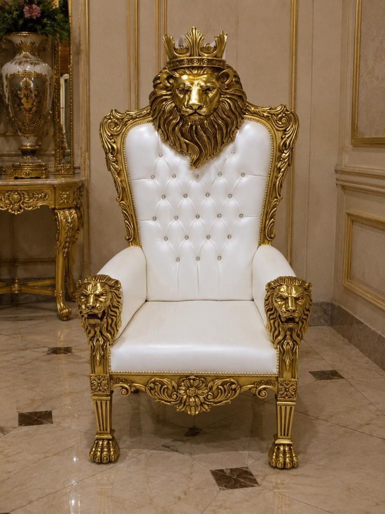 Royal Lion Throne Chair with Matching Lion Scepter-pearl white