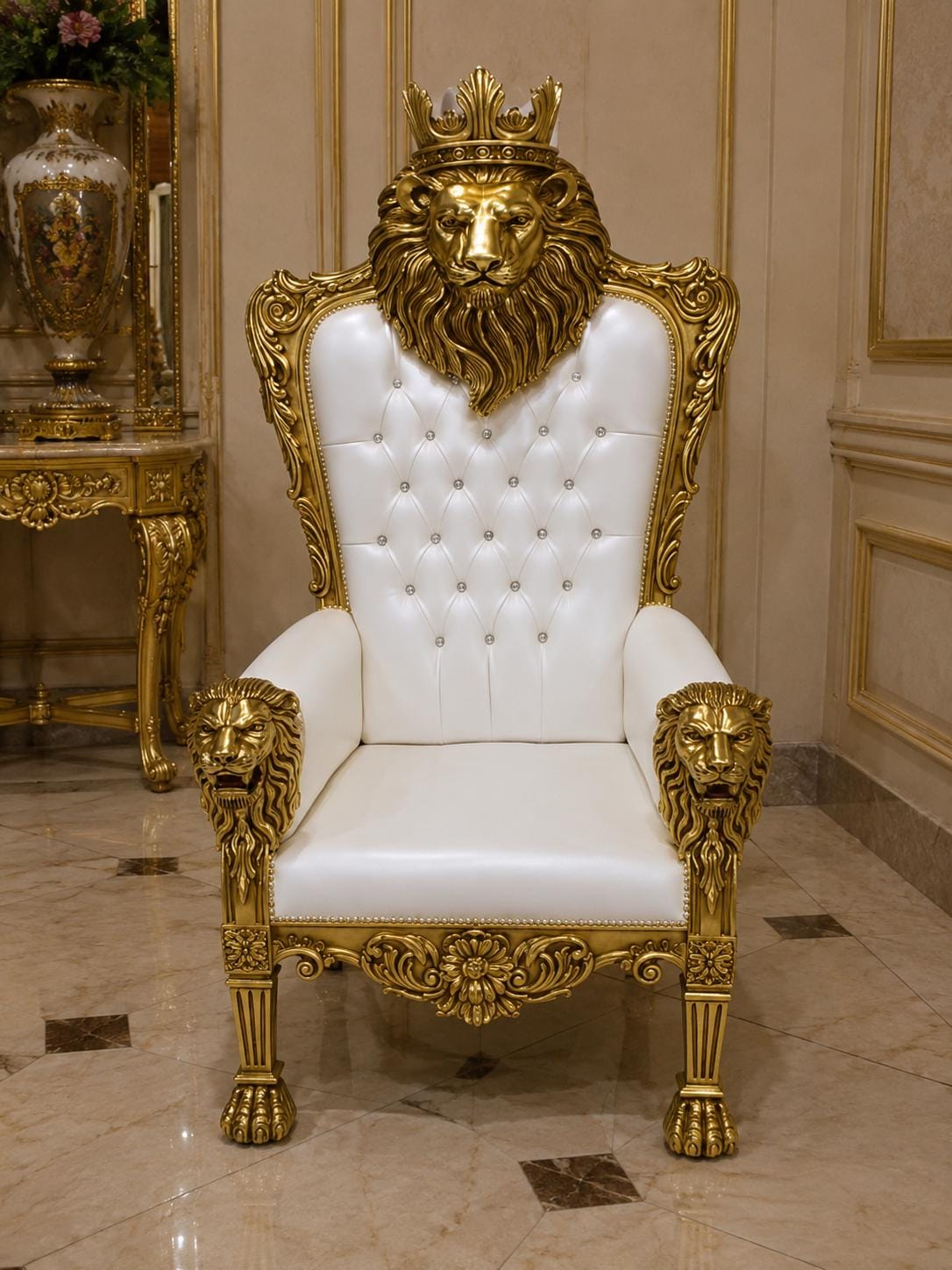 Royal Lion Throne Chair with Matching Lion Scepter-pearl white