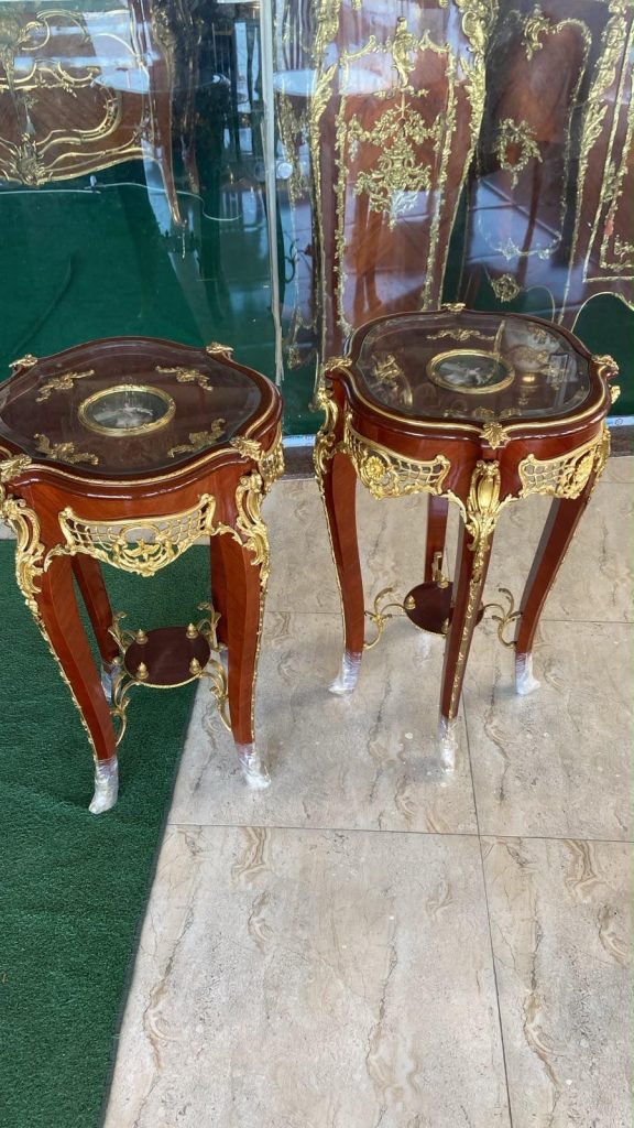 Pair of French Louis XV End Tables | Mahogany & Gilt Bronze Side Tables