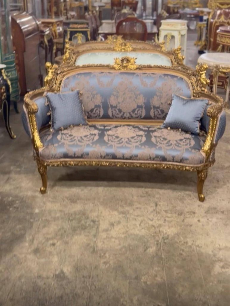 Vintage Cherub Rococo Sette upholstery Blue Damask Canapé