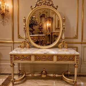 French Louis XVI Entryway Console Table with Oval Mirror Marble Top