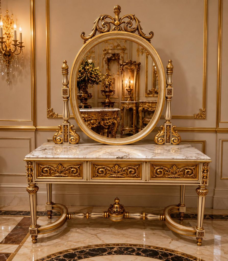 French Louis XVI Entryway Console Table with Oval Mirror Marble Top