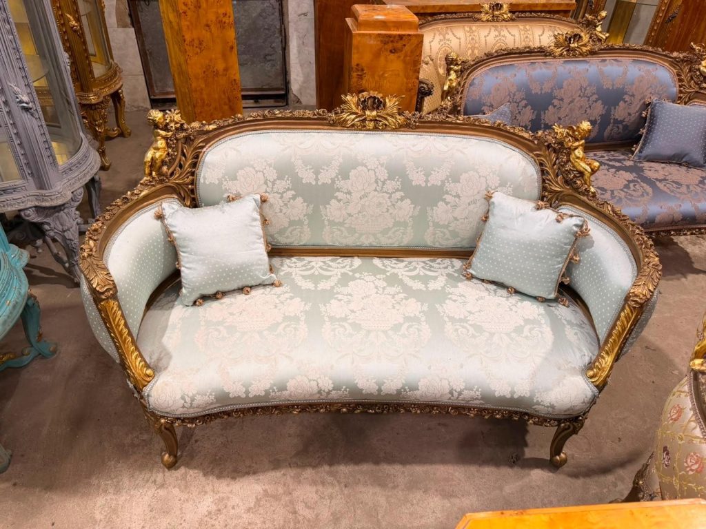 Vintage Cherub Rococo Settee upholstery Aqua Blue Damask Canapé