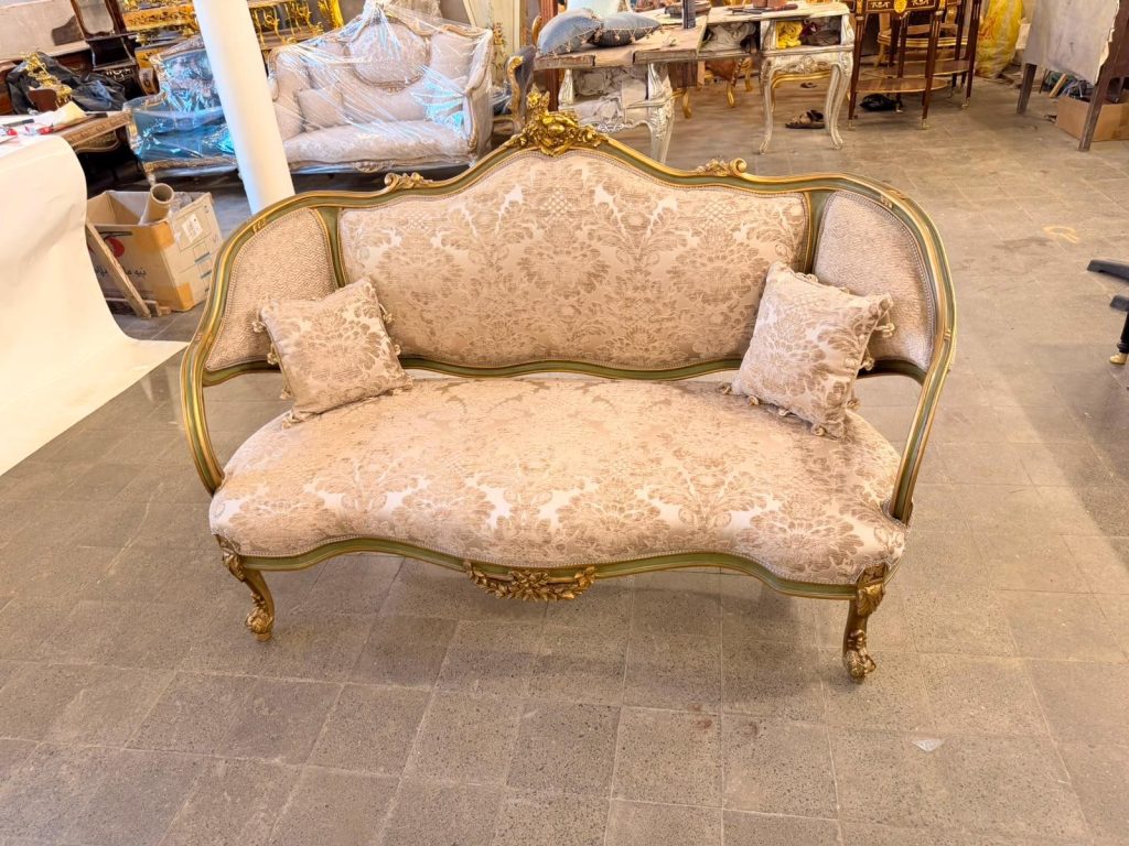 French Louis XV Rococo Canapé Loveseat Antique Green & Gold Gilt Wood Beige upholstery Settee
