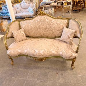 French Louis XV Rococo Canapé Loveseat Antique Green & Gold Gilt Wood Beige upholstery Settee