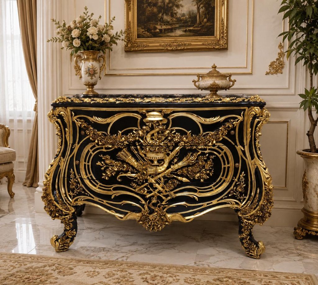 Vintage Louis XV Style Bombe Chest Black Marble Top