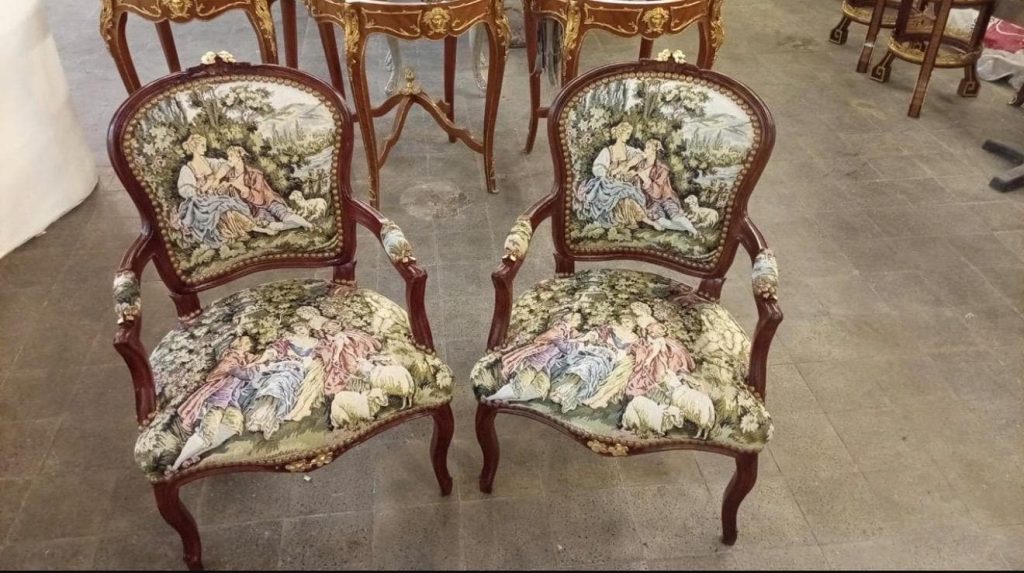 Vintage Mahogany Fauteuil Romeo & Juliet Tapestry Armchairs