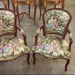 Vintage Mahogany Fauteuil Romeo & Juliet Tapestry Armchairs