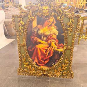 Vintage Grand French Rococo Lady Portrait Wall Art with Sage Green Panels