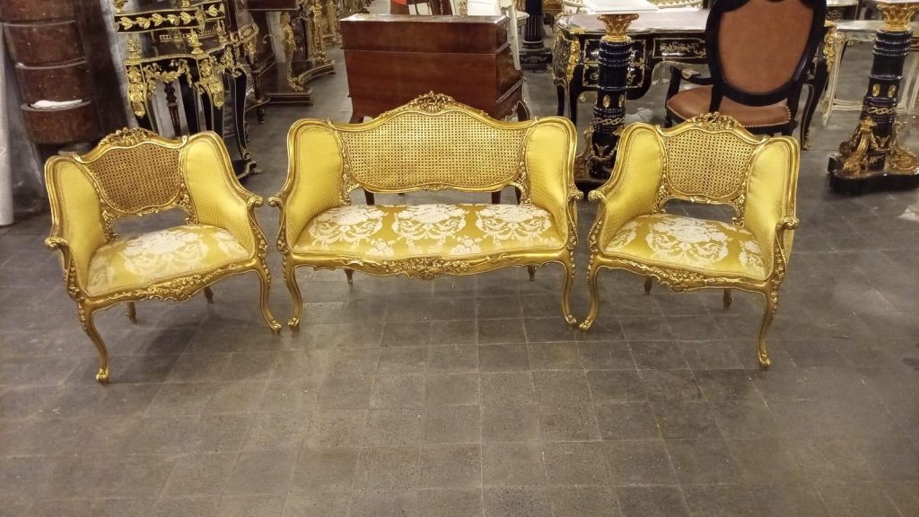 Vintage Satin Gilt Caned Settee & Pair of Armchairs