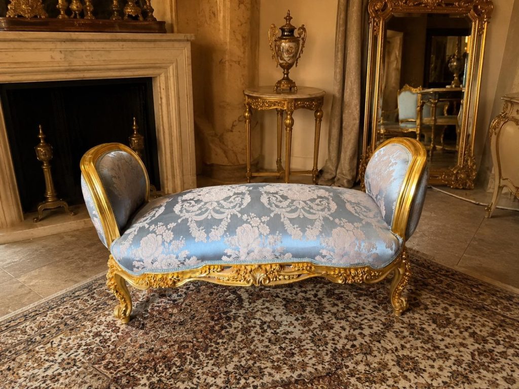 Vintage French Boudoir Bench Blue Damask Upholstery 52.8” W