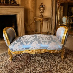 Vintage French Boudoir Bench Blue Damask Upholstery 52.8” W