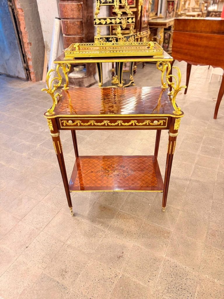 Vintage Marquetry Louis XVI Rolling Serving Cart & Tray