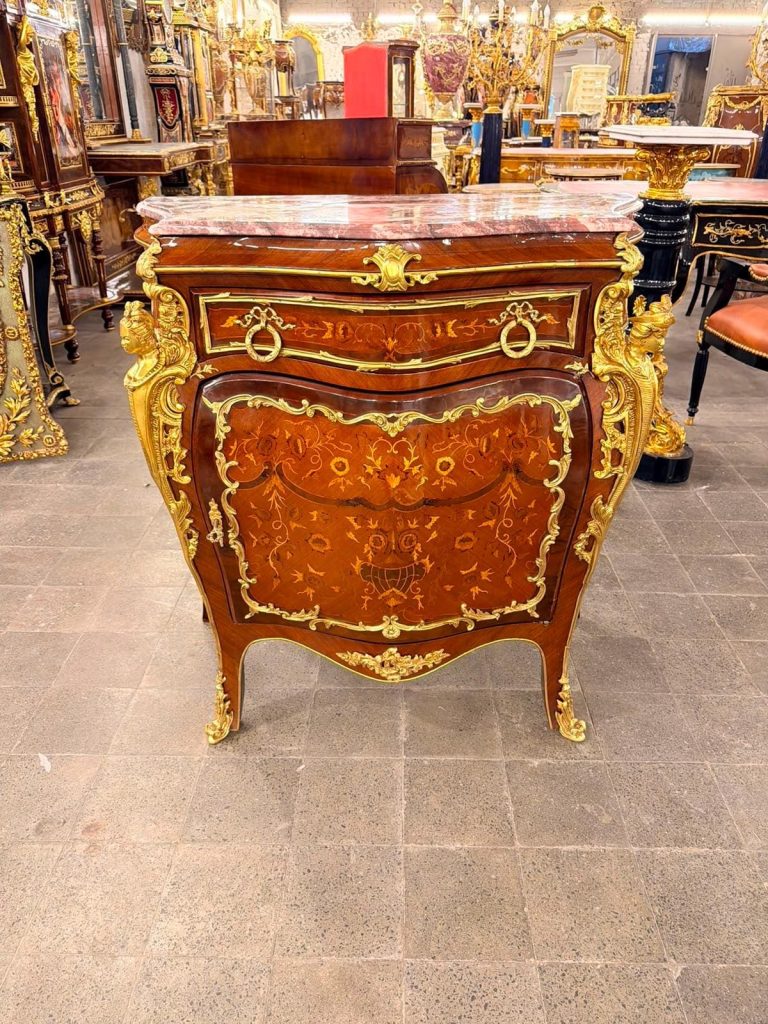 Vintage Louis XV Style Marquetry Bombe Chest Gilt Bronze Mounts & Marble Top