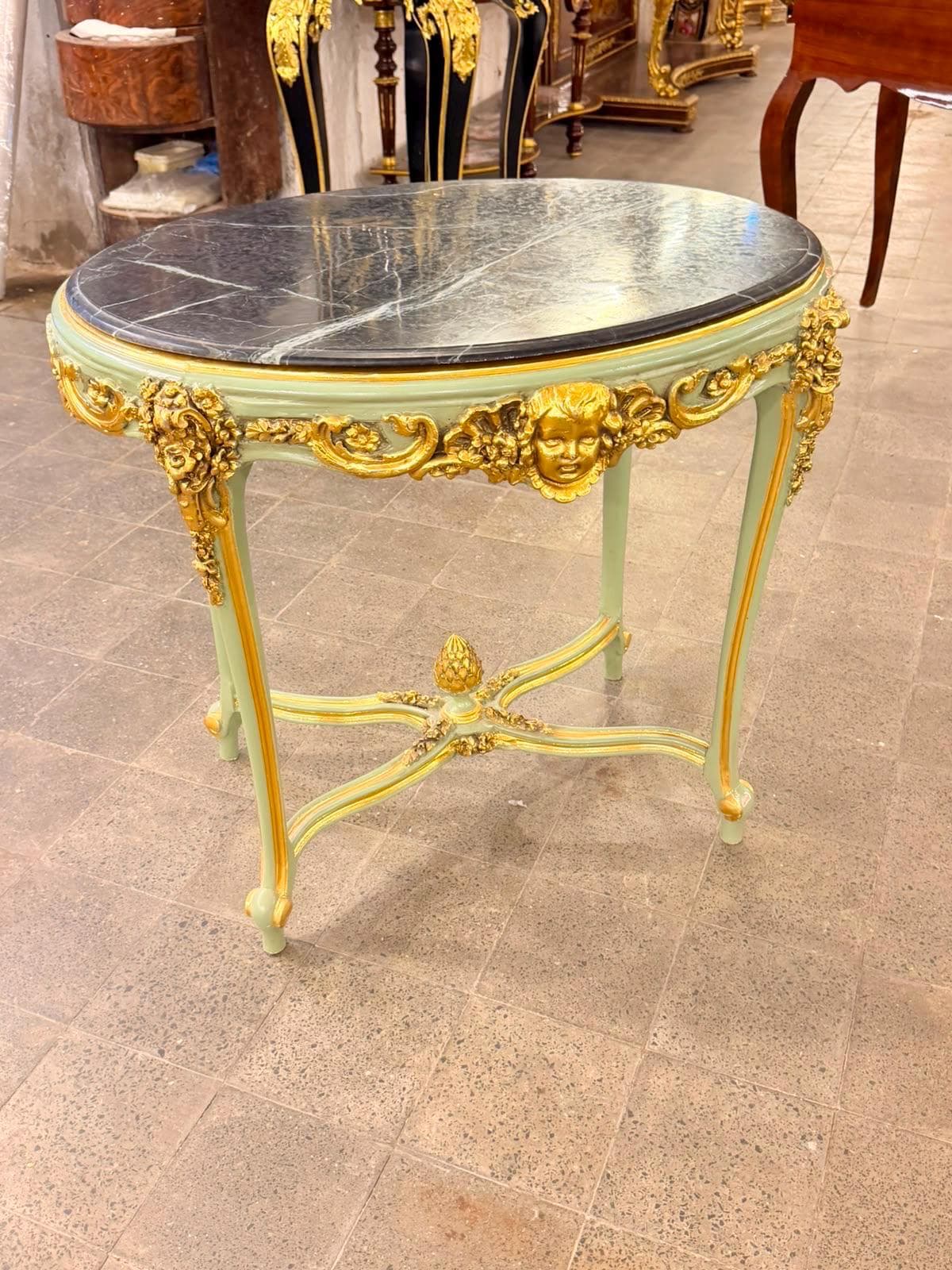 Vintage French Cherub Side Table Sage Green Marble Top