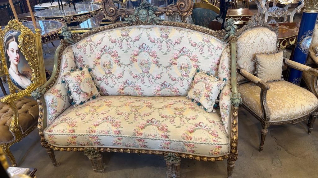 French Louis XVI Style Settee | Floral Tapestry Loveseat | Carved Giltwood Canapé