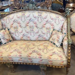 French Louis XVI Style Settee | Floral Tapestry Loveseat | Carved Giltwood Canapé