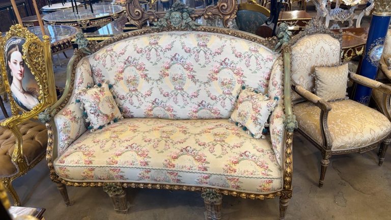 French Louis XVI Style Settee | Floral Tapestry Loveseat | Carved Giltwood Canapé
