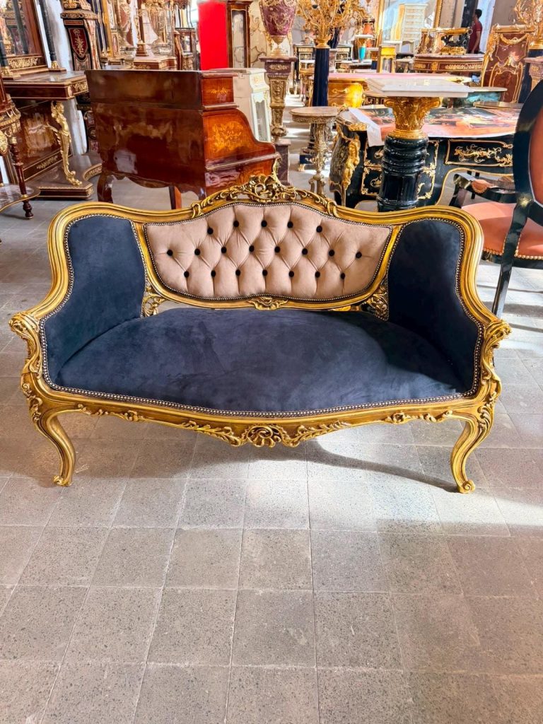 Vintage Rococo Loveseat Black & Beige Velvet 55”W