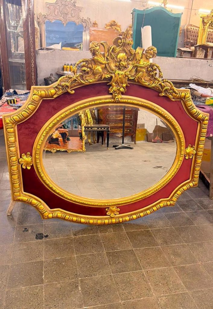 Vintage Cherub Grand Mirror Wall hanging 55”W Burgundy
