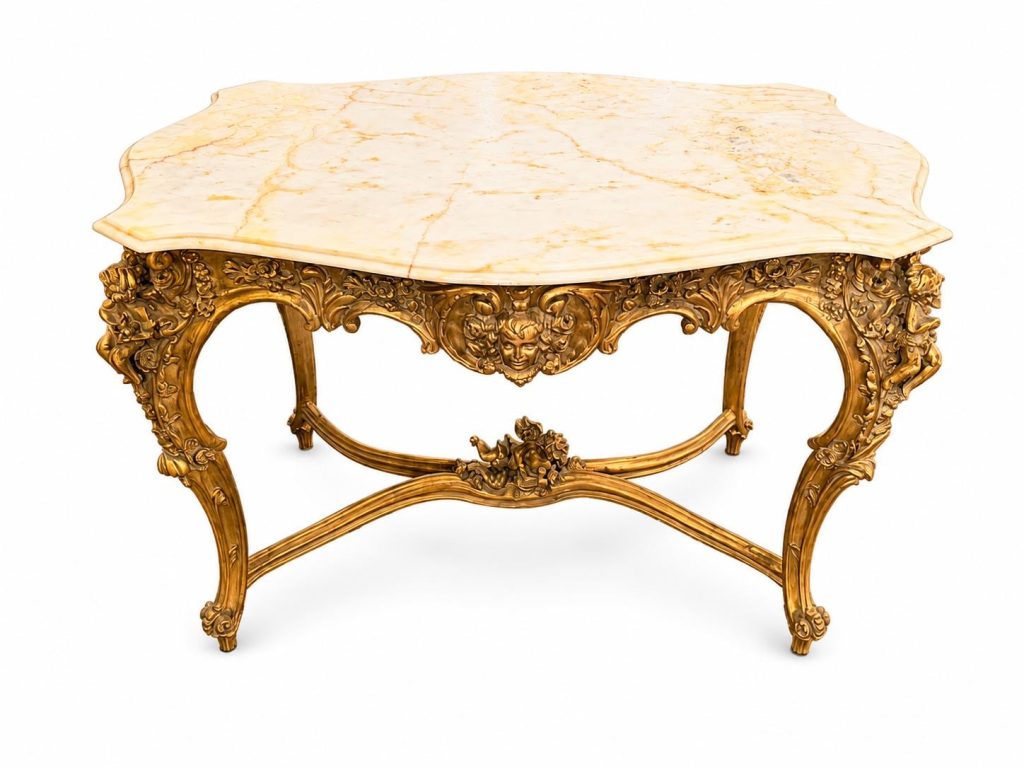Vintage Rococo Cherub Marble Top Center Table Elegant White Marble Design