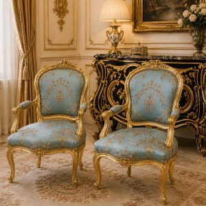 French Louis XV Rococo Armchair Blue Damask Upholstery Single chair