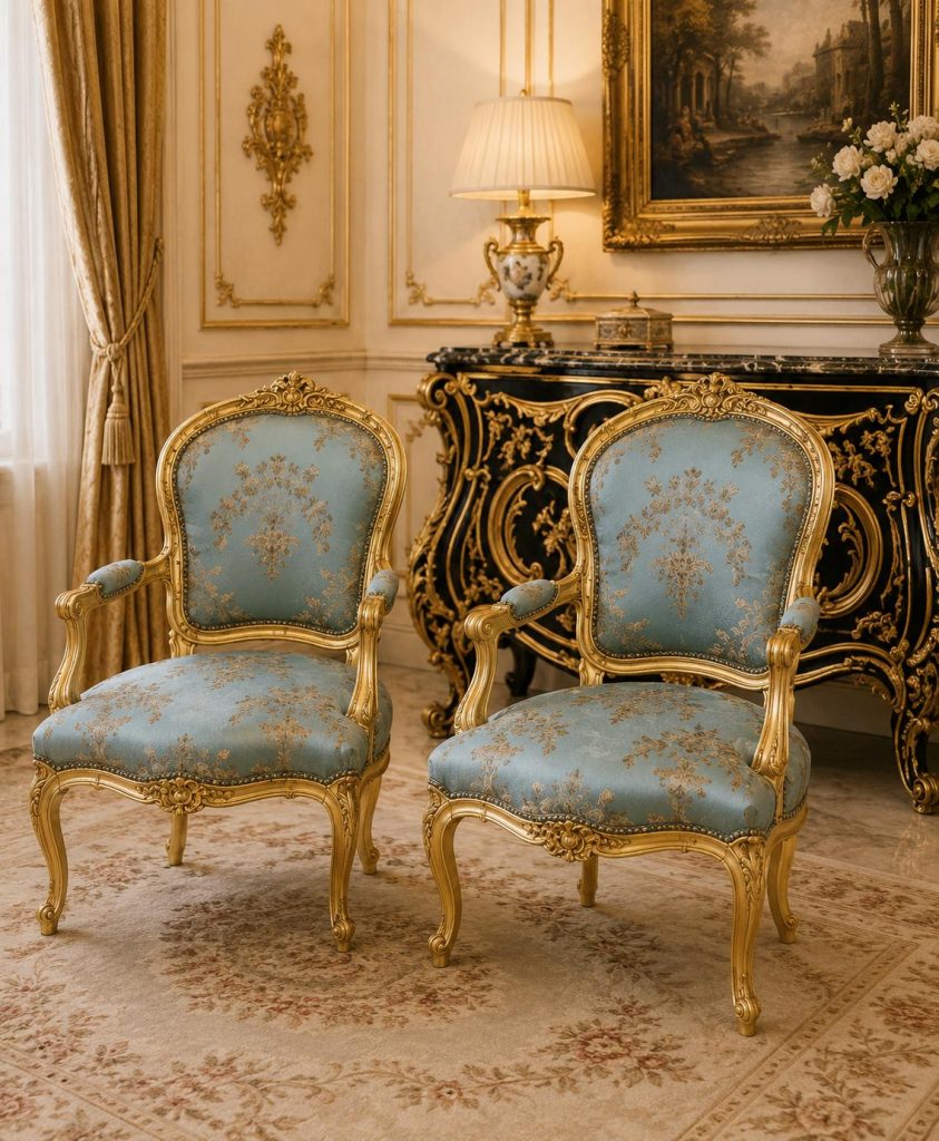 French Louis XV Rococo Armchair Blue Damask Upholstery Single chair