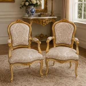 Rococo Armchairs Beige Upholstery Salon Accent Chairs