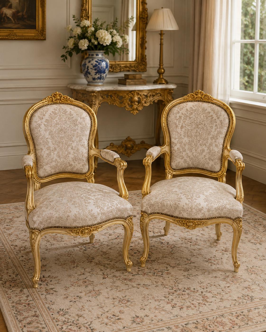 Rococo Armchairs Beige Upholstery Salon Accent Chairs