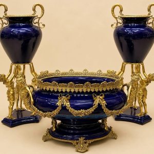 Vintage French Sèvres Style 3 Piece Garniture Set, Cobalt Blue Porcelain