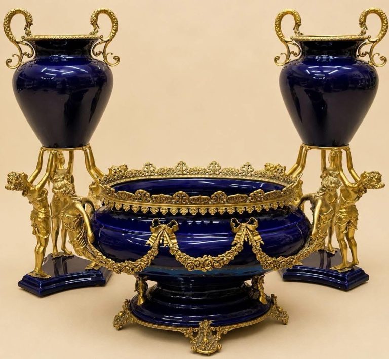 Vintage French Sèvres Style 3 Piece Garniture Set, Cobalt Blue Porcelain