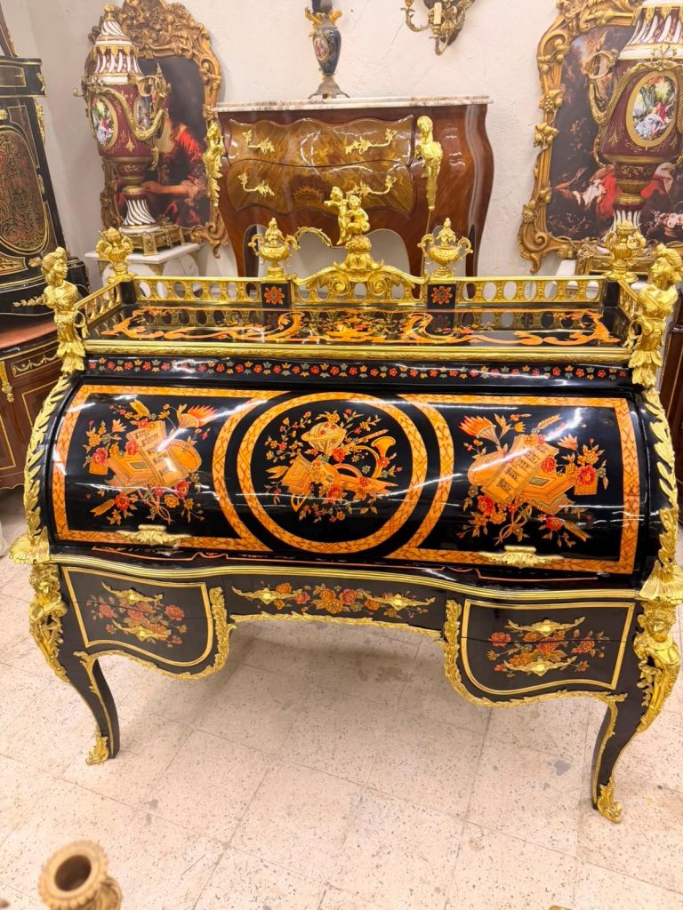Museum Quality Rococo Marquetry Secretary Black & Gold Writing Bureau