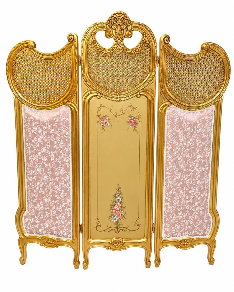 Vintage Rococo Folding Screen Handpainted Floral Gold leaf Set